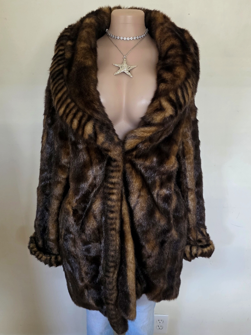Dennis Basso Brown Faux Fur Coat with Dark Brown Accents